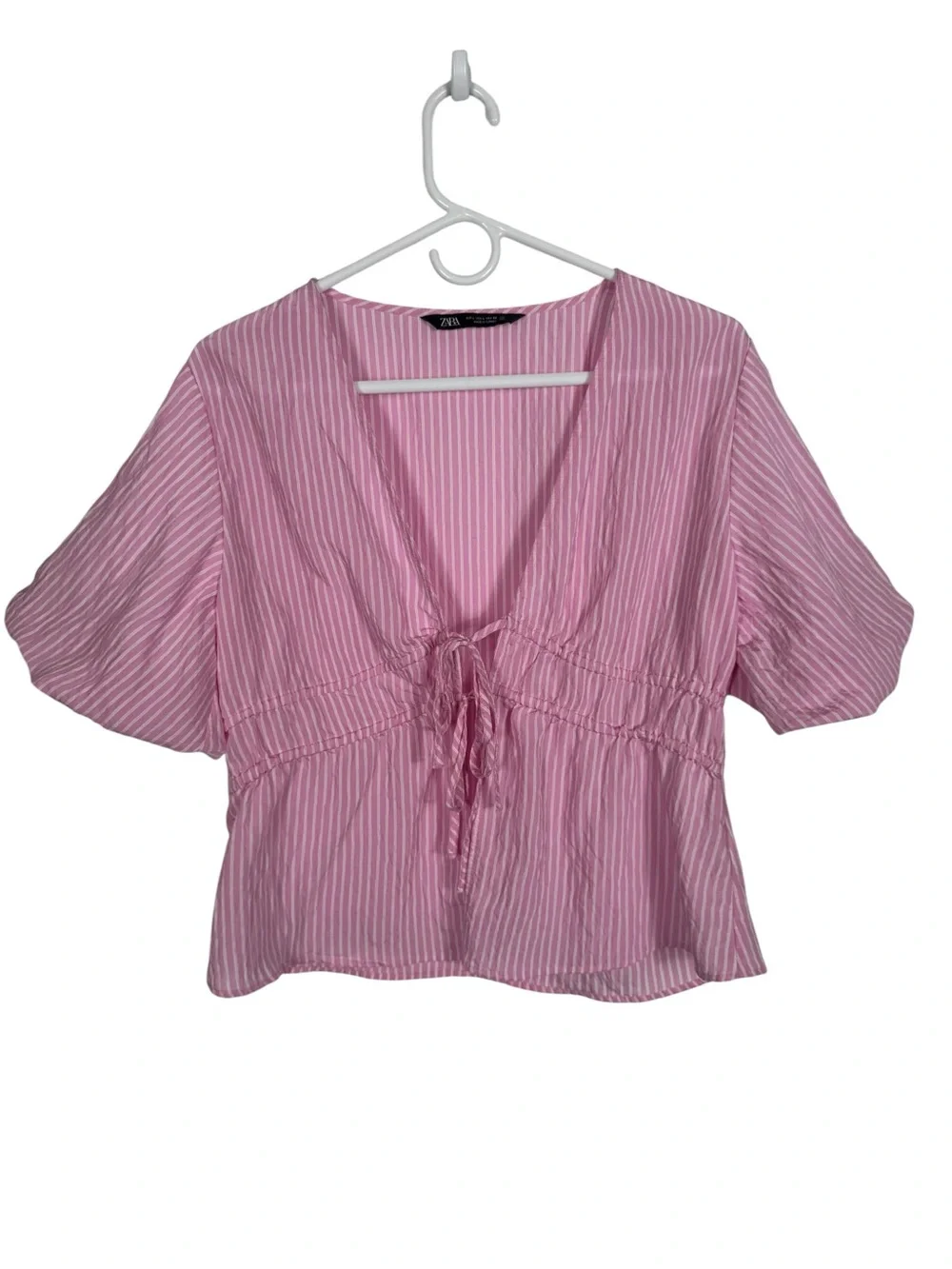 Zara Pink & White Stripe Tie Front Puff Sleeve Blouse, Size Large